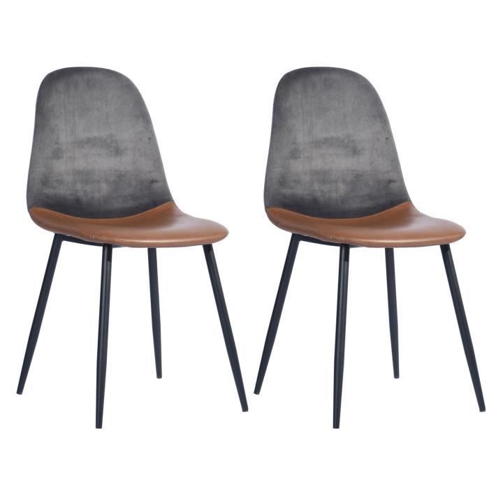 Lot de 2 chaise salle à manger scandinave vintage marron semi-cuir velours gris - 52.5*44*87.5cm