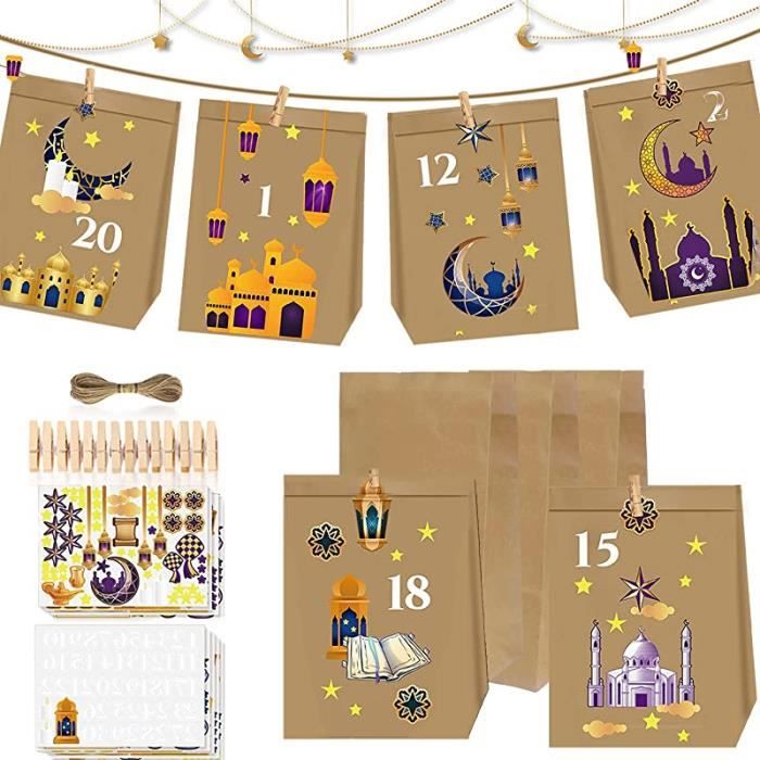 30 sacs cadeaux Eid Mubarak, calendrier Ramadan à remplir, sacs en papier,  autocollants, pinces et fils, Eid Mubarak A