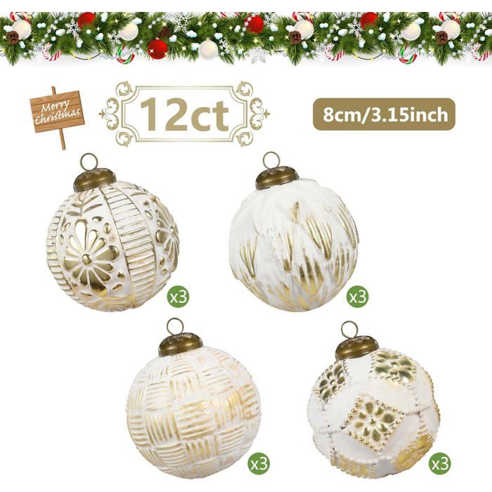 Lot De 12 Boules De Noël Vintage Or Et Blanc - 8 Cm, Plastique, Pour Sapin, Couronne, Guirlande
