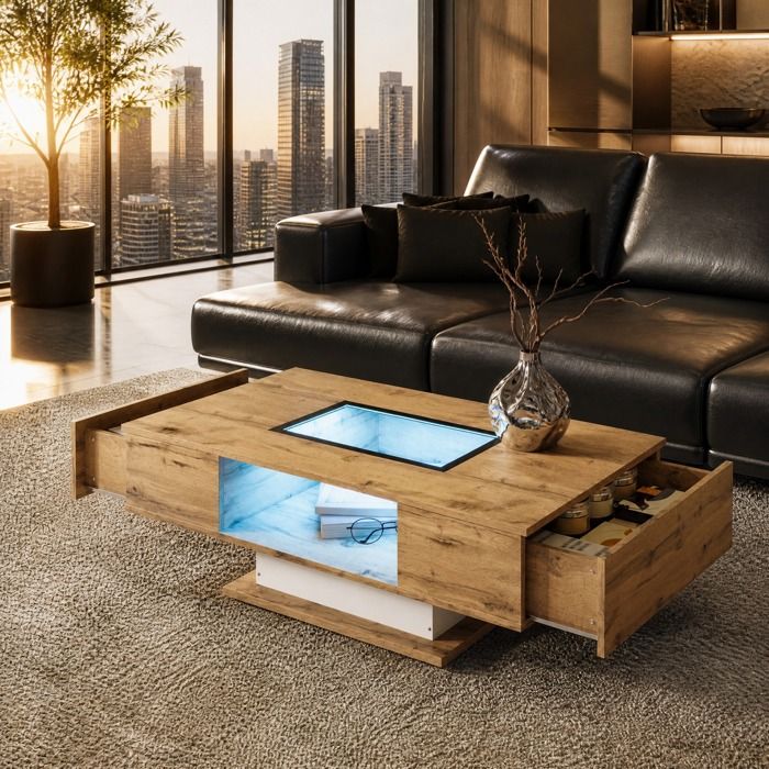 Table basse LED RGB via application, plateau verre, 2 tiroirs ...