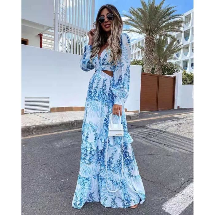 Robe longue de plage pour femmes tunique col en v dos nu ajoure manches lanternes soiree ete Bleu Bleu Cdiscount Pret a Porter