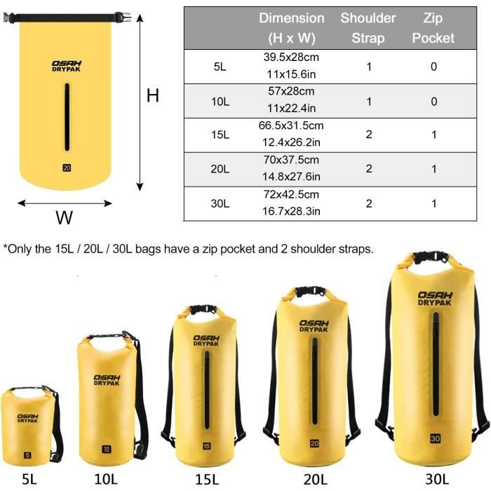 OSAH DRYPAK Sac Étanche PVC 500D - Bandoulière Réglable, 5L/10L/15L/20L/30L, Pour Kayak, Pêche, Rando, Plage – Protection Eau Neige Sable