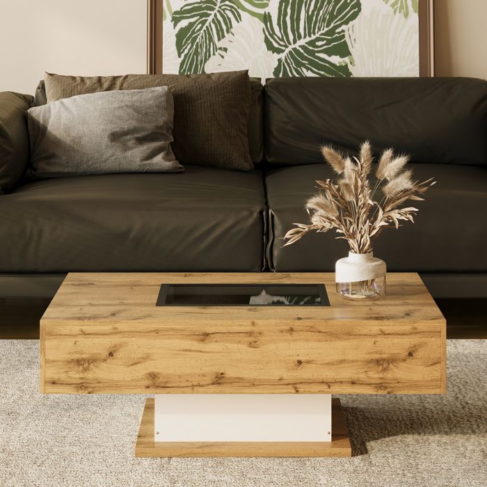Table basse LED RGB via application, plateau verre, 2 tiroirs ...