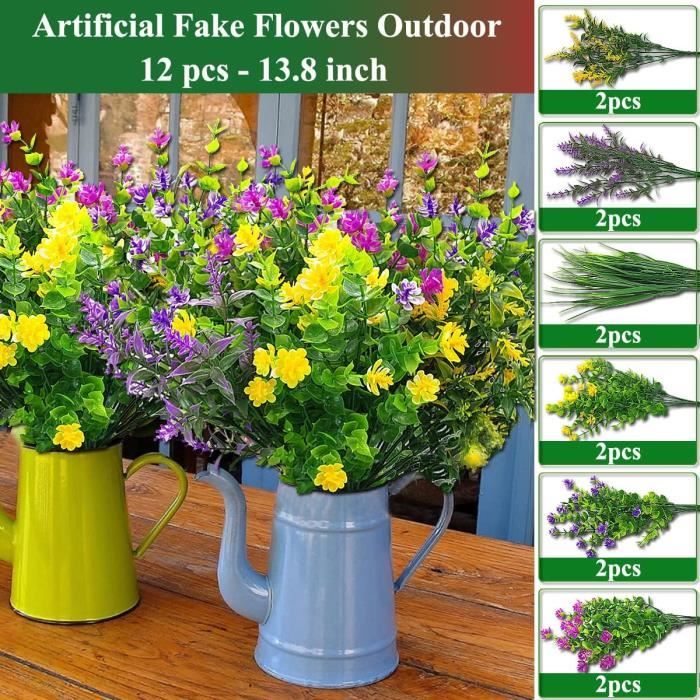 Sequpr Lot De 12 Fleurs Artificielles Extérieures, Plantes Artificielles, 6 Couleurs UV
