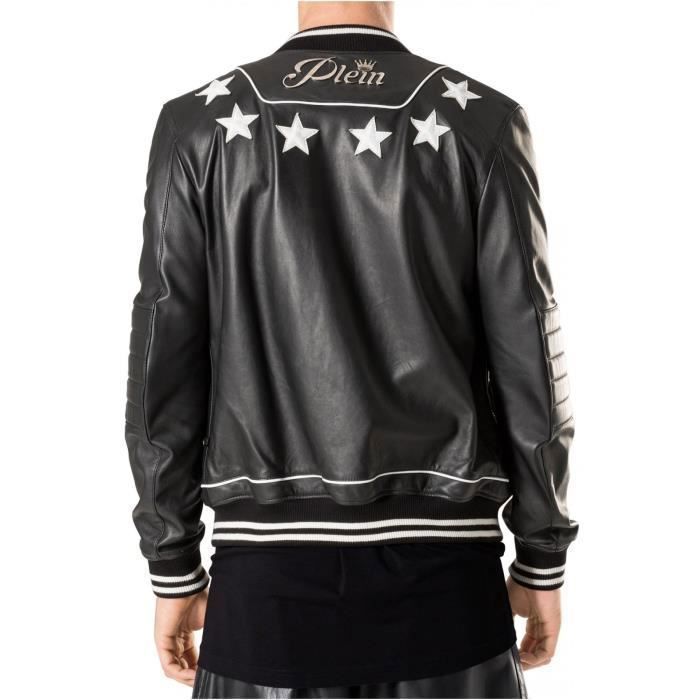 Blouson cuir patche Philipp Plein Homme Noir Coupe droite Logo metal Noir Cdiscount Pret a Porter
