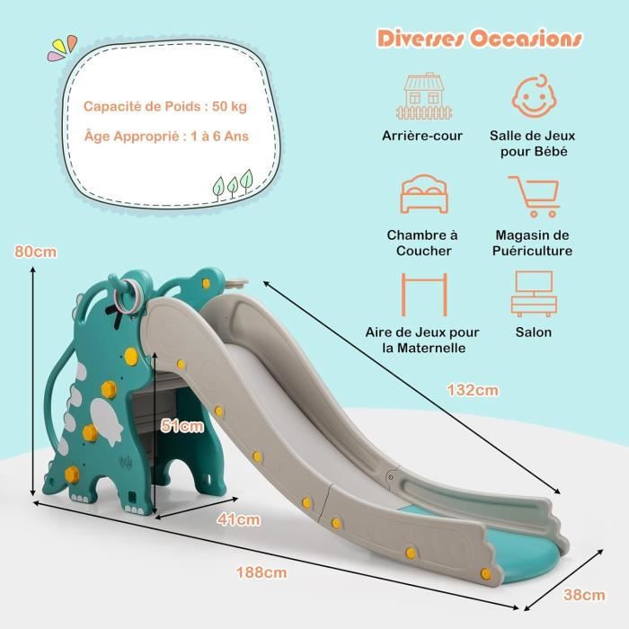 EAMADE Toboggan Enfant 4 en 1 à Motif Dinosaure avec Panier de