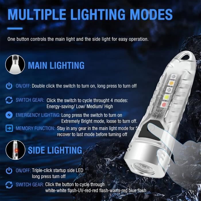 Mini Lampe Torche LED Porte-clés Rechargeable 400 Lumens avec