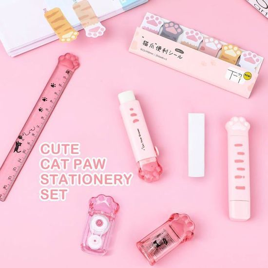 Set Papeterie Forme Patte De Chat – Taille-crayon, Gomme, Règle 15 Cm, Rose Kawaii, Pour écoliers - 11
