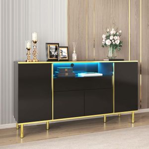 Buffet Salon Noir Brillant à LED Eclairage, Buffet Bahut Elégant avec 1 Tiroir 4 Portes, Pieds en Métal Doré,150x40x80cm