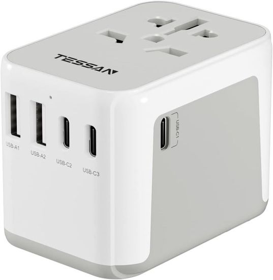Adaptateur De Voyage Universel - 2 USB-C + 2 USB-A + 1 Prise Secteur, Compatible 224 Pays, Fusible 10A - 10