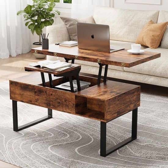 Table Basse Relevable En Bois Brûlé Avec Rangement - 100x50x48 Cm, 2 Tiroirs, étagère - Style Industriel