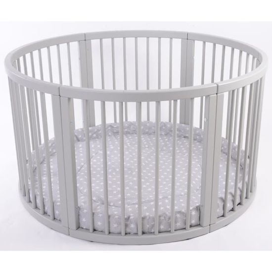 Parc Bebe Rond En Bois Vernis Gris Atlas Quattro Incluant Tapis Tour De Parc Gris A Etoiles Cdiscount Puericulture Eveil Bebe