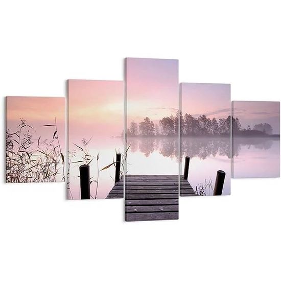 Décoration Salon Matinée lever de soleil brouillard lac Moderne Impression sur Toile 160x85cm Image Tableau Decoration Murale Chambre Triptyque 5 parties Art Tableaux Decoratifs Muraux EA160x85-2593