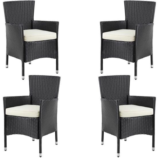 Casaria® Set de 4 chaises en polyrotin Noir avec coussin d'assise 7cm max 160kg assise fauteuil jardin balcon terrasse