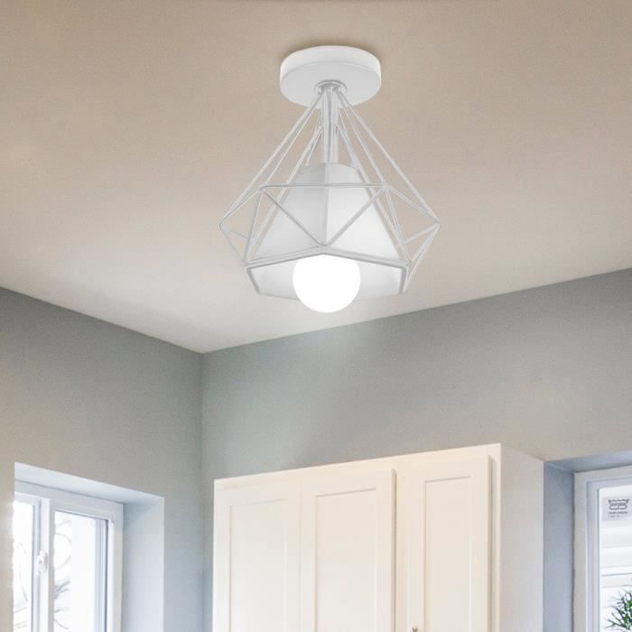 MOGOD Plafonnier Industrielle Cage Forme Diamant Blanc Lustre Suspension en Métal Blanc