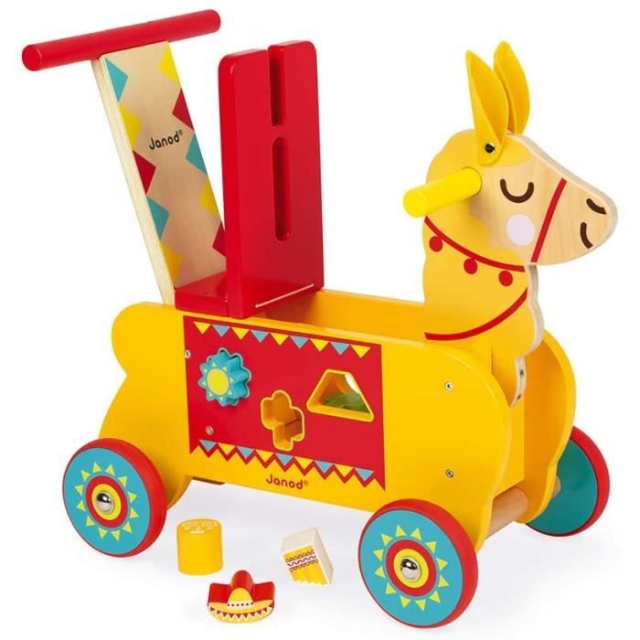 Janod - Porteur Enfant en Bois Lama - Roues Silencieuses - Casier de Rangement et 6 Cubes Inclus - Apprentissage de l'équilibre - dè