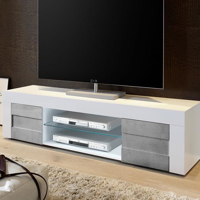 Banc TV blanc laqué et effet béton TUNIS 2 180 cm