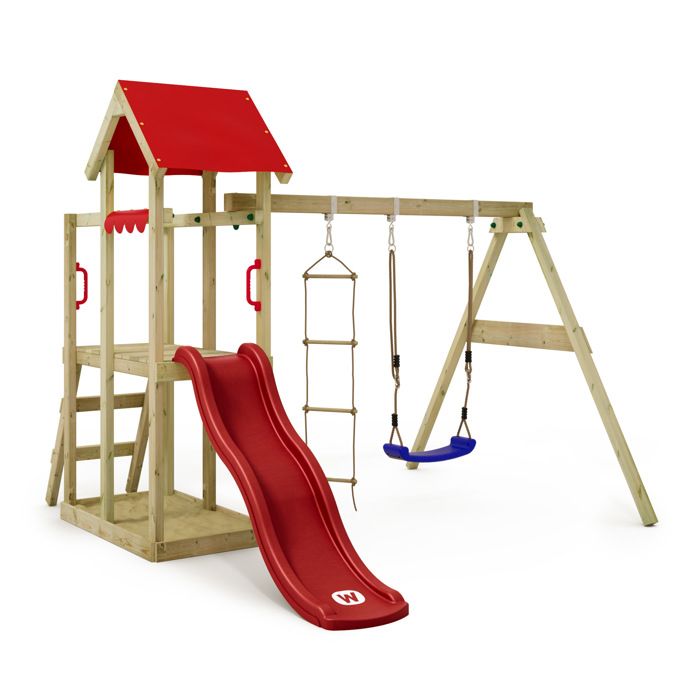 WICKEY Aire de jeux Portique bois TinyPlace avec balançoire et toboggan rouge Maison enfant extérieure avec bac à sable