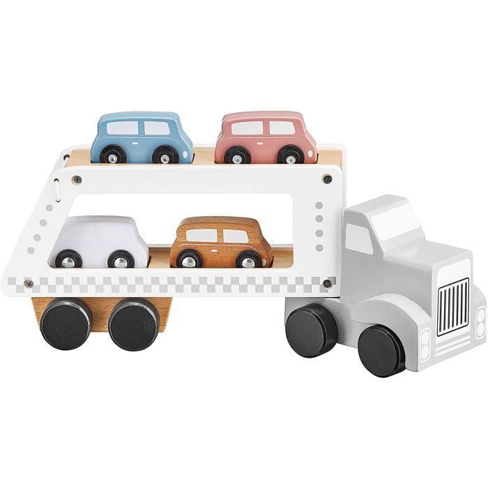 Mamabrum Camion Porte Voitures en Bois Premier âge - Transporteur avec Piste de remorquage – Dépanneuse à 4 Voitures Couleurs Pastel