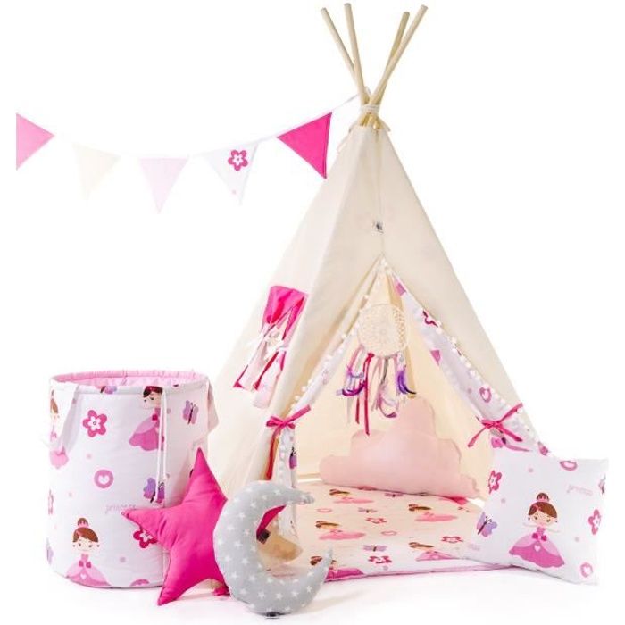 WILLY - Tente de jeu Tipi pour less fille/garçon - Hauteur 160cm - Intérieur/extérieur - 8 poteaux + Parois avec fenêtre - Beige