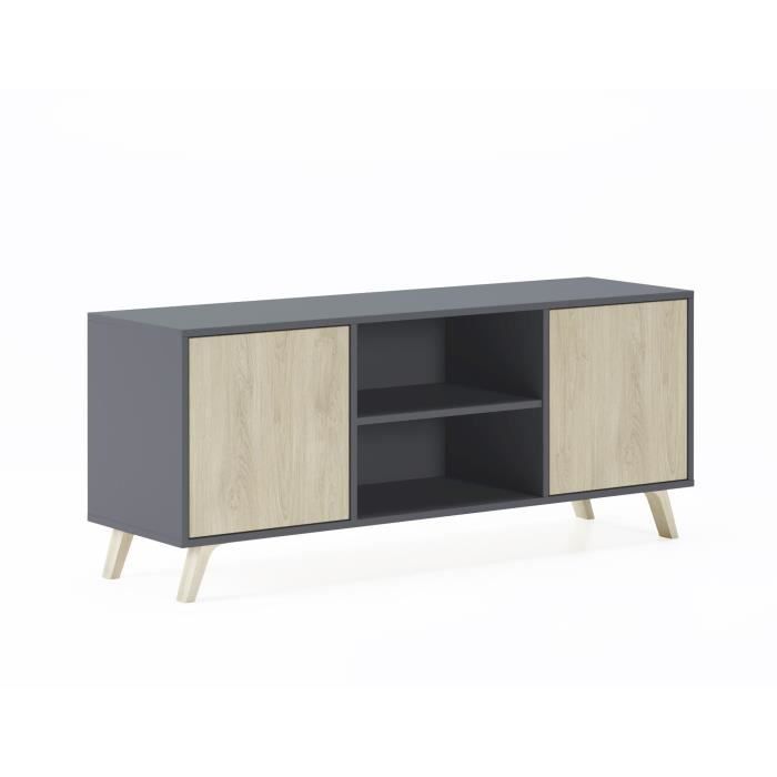 Meuble TV 140 avec 2 portes, salon, modèle WIND, structure couleur Gris Anthracite, portes couleur Puccini, mesure 140x40x57cm