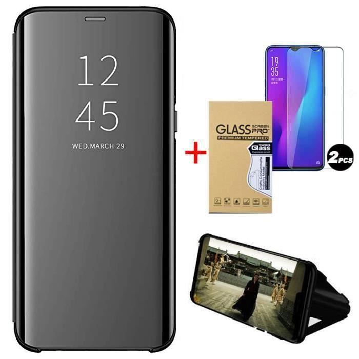 Coque Samsung Galaxy A52 (5G), Avec 2 Film Verre trempé Translucide Miroir Silicone Cuir Pratique Anti-Rayure, Noir