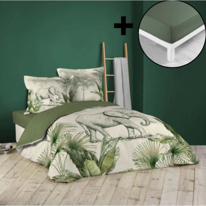 Pack parure de couette 220x240 cm 100% coton Jungle + drap housse 140x190 cm Kaki