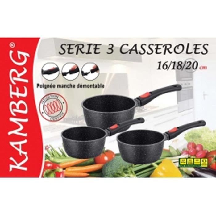 3 casseroles en pierre manches amovibles, induction, antiadhésive, kamberg