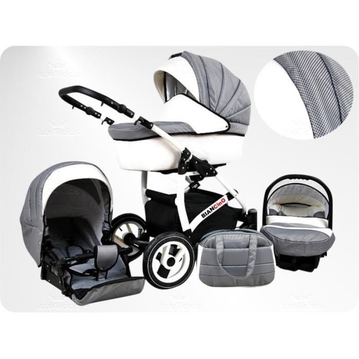BIANCinO 3en1 Poussette combinée cuir écologique set complète (siège auto + adaptateur, habillage pluie, moustiquaire, roues pivo...