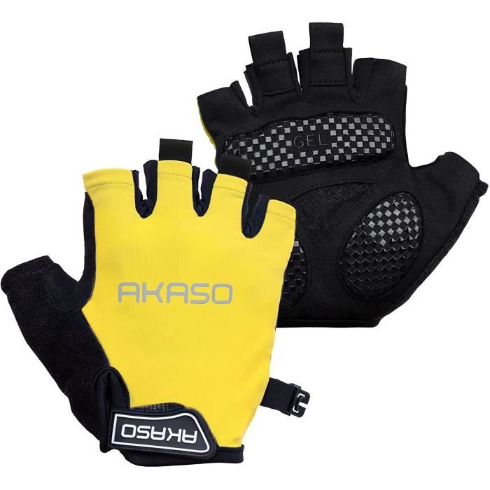 AKASO Gants de cyclisme gants de vélo demi-doigt absorbant les chocs anti-dérapant respirant vtt DH pour hommes / femmes Jaune
