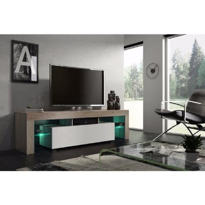 Meuble tv 160 cm chêne MDF et blanc mat avec led RGB