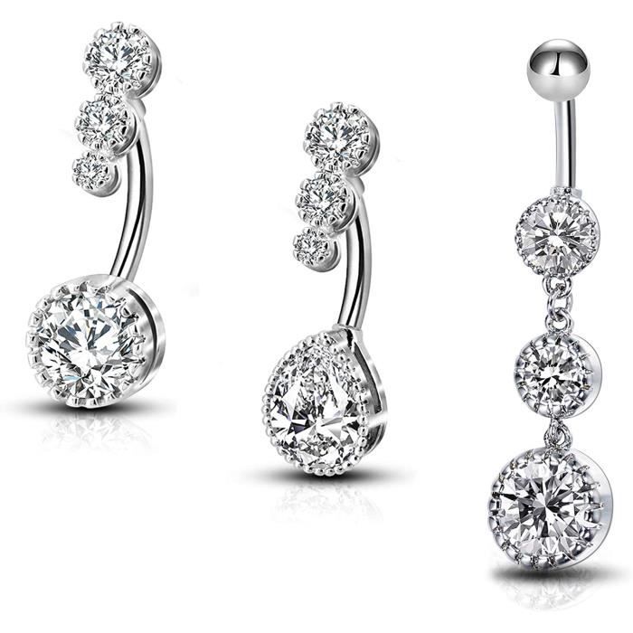 OUFER 3pcs Piercing Nombril en Acier Chirurgical 316L Double Cœur avec CZ Anneau Nombril Piericng Ventre Bijoux Corps Ensemble