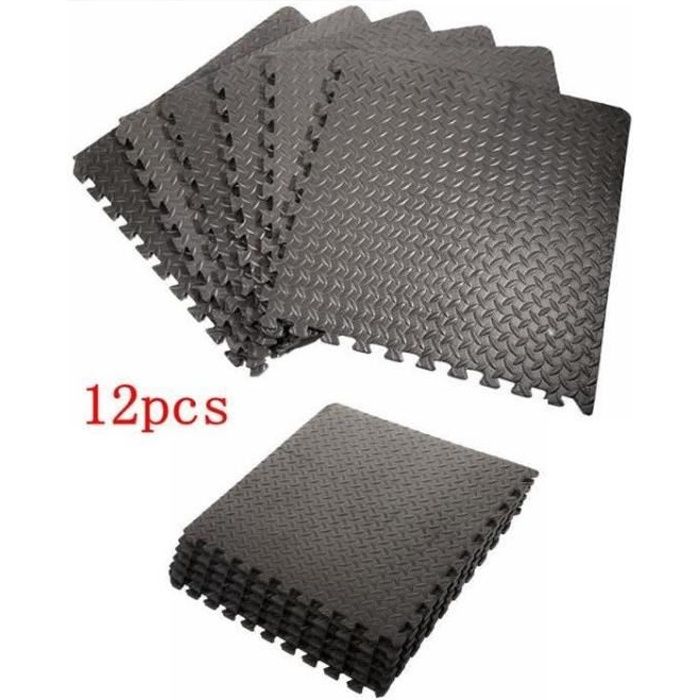 Ensemble de 12 Dalles Carrées EVA - Tapis de sol, Sport, Gymnastique, Yoga, Tapis Puzzle Antidérapant Mousse Noir 63*63CM