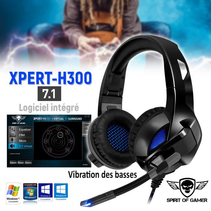 Casque audio XPERT H300 Surround 7.1 - Vibration des basses - Rétro éclairé bleu - 50mm