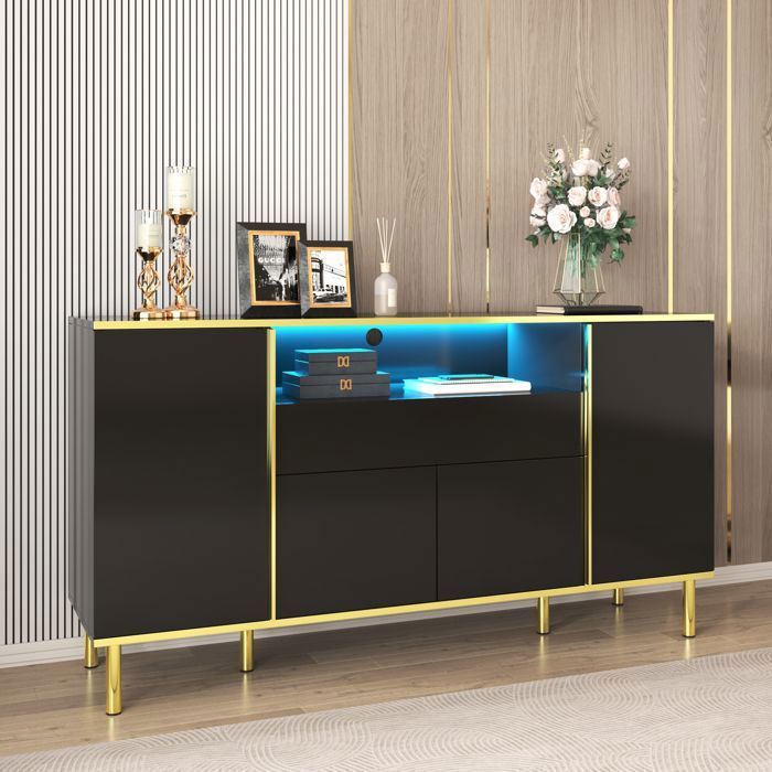 Buffet Salon Noir Brillant à LED Eclairage Buffet Bahut Elégant avec 1 Tiroir 4 Portes Pieds en Métal Doré150x40x80cm