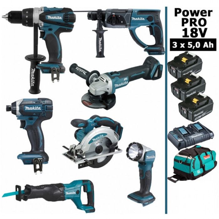 Makita France Pack Makita Power PRO 6 outils 18V: DDF458 + DHR202 + DGA504 + DTD152 + DJV180 + Lampe + 3 batt 5Ah + sac - vue 4
