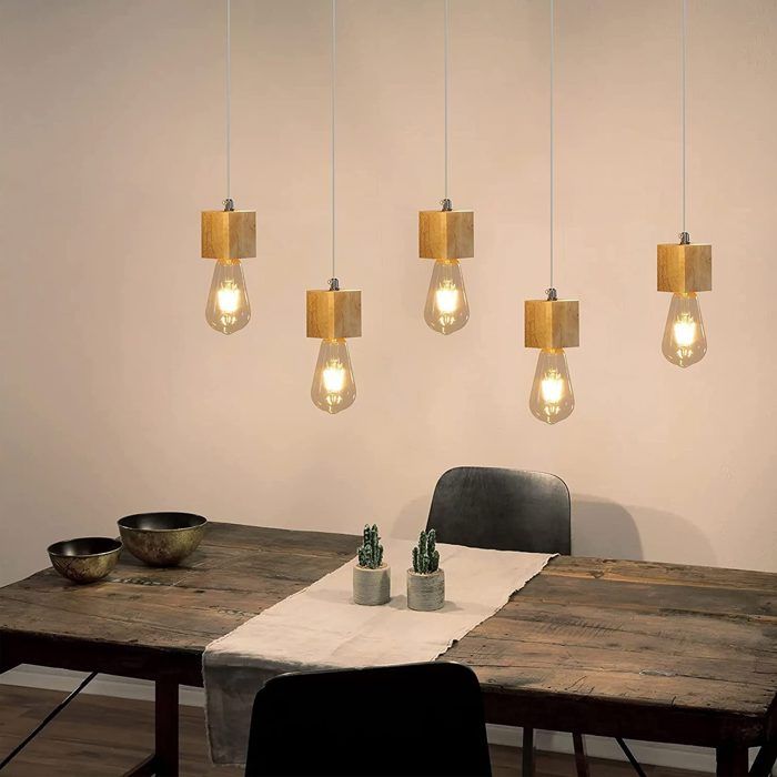 Lampe suspendue - NETTLIFE - Modèle bois - 5 ampoules E27 - Blanc - Style scandinave