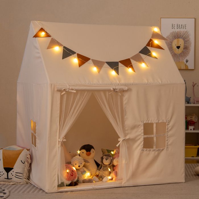 DREAMADE Tente de Jeu Enfant Maison de Jeu avec Tapis Rembourré Drapeaux Guirlandes Lumineuses pour Garçon/ Fille 3 Ans+ Beige