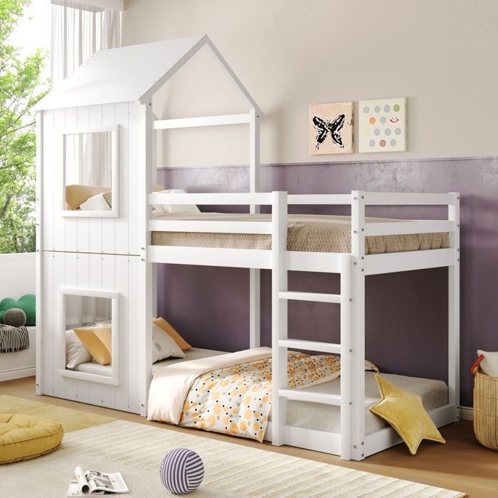 Lit Superposé 90x200cm avec Rangement et Barrière, Lit Enfant avec