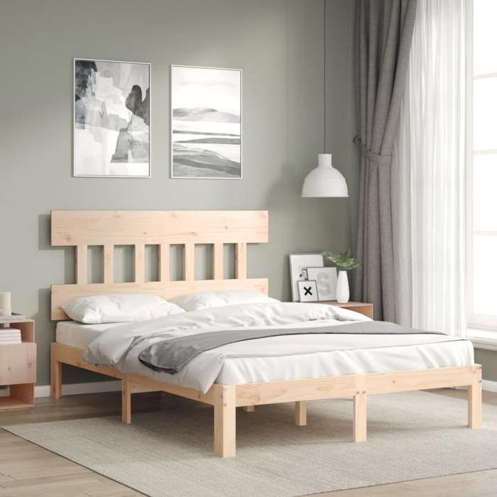 Cadre de lit double-Lit adulte contemporain-sans matelas-140x190 cm bois de pin massif BDMF00164943203