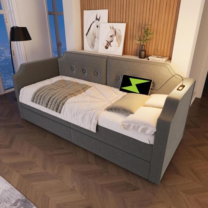 Lit 90x200 cm Lit banquette Canapé-lit avec liseuse USB Type-C Lit avec 2 tiroirs simple Gris