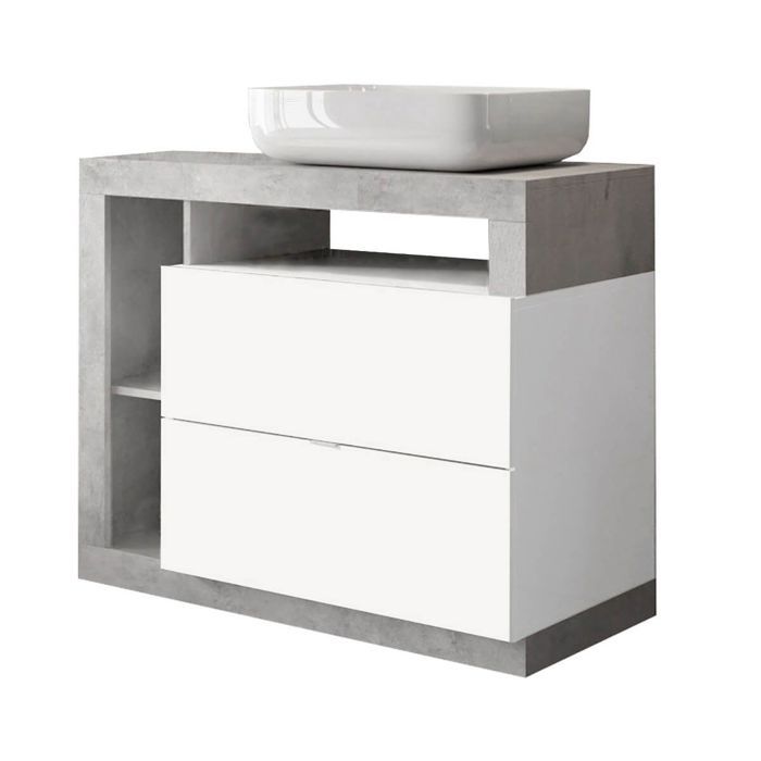 ARTURO - Meuble Vasque 92cm 2 tiroirs blanc laqué et aspect béton