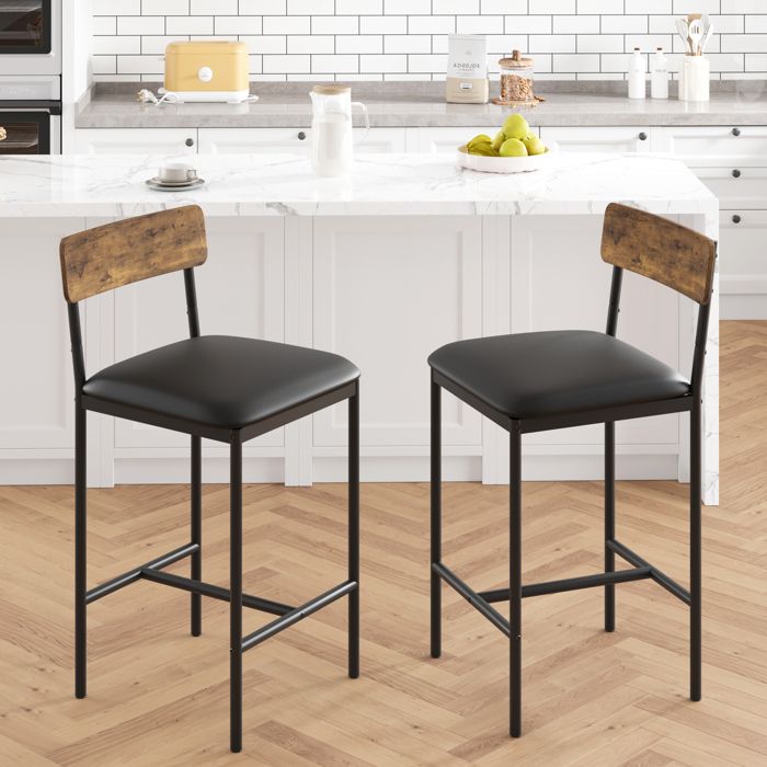 IDMARKET Lot De 4 Tabourets De Bar ISAURE PU Marron Avec Coutures Et Pieds Métal Noir - Maison
