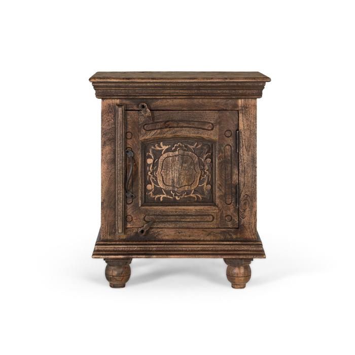Table de chevet en bois de manguier - Finition rustique - Sculpture florale - Ferrures en fer forgé - 66x45x55 cm Table de chevet en bois de manguier - Finition rustique - Sculpture florale - Ferrures en fer forgé - 66x45x55 cm