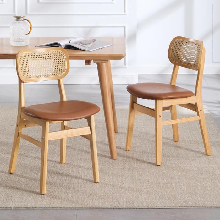 Wahson Chaise de Salle à Manger Lot de 2 Chaise Salle à Manger Rétro Chaise de Cuisine Cannage à Dossier en Rotin Cuir PU Marron