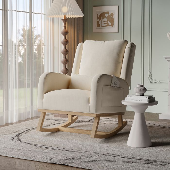 Fauteuil à basculeRocking ChairFauteuil de Relaxation avec poches latéralesPieds en Bois Massif pour salon chambreLin-beige