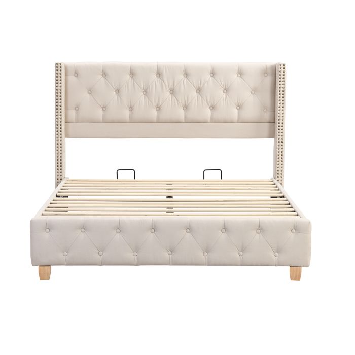 Lit capitonné adulte - 140×190 cm - Tissu lin beige - Sommier à lattes inclus - Pieds bois renforcés