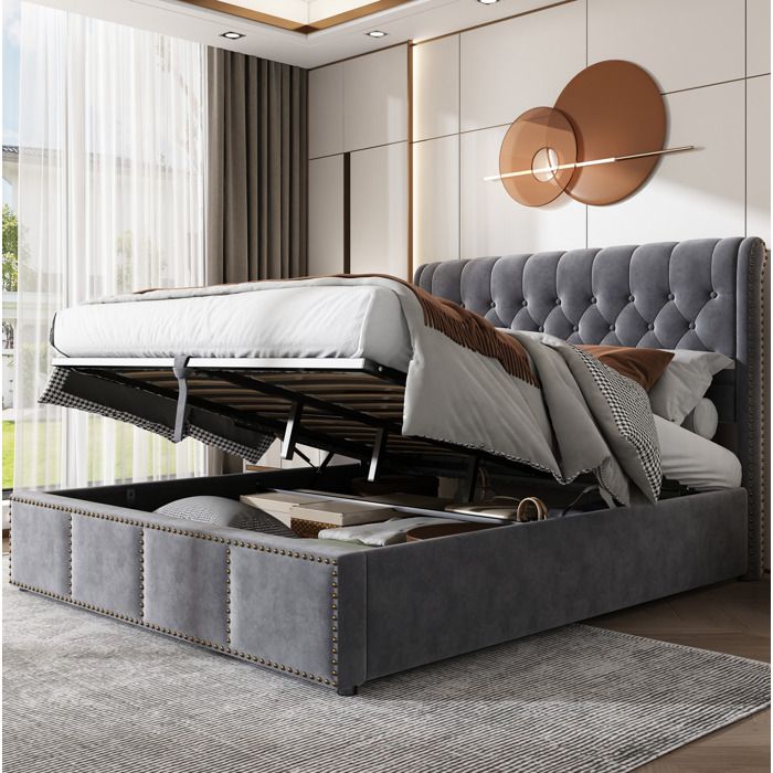 Lit coffre adulte 160×200 cm. sommier tapissier. hydraulique. sans matelas. velours. gris
