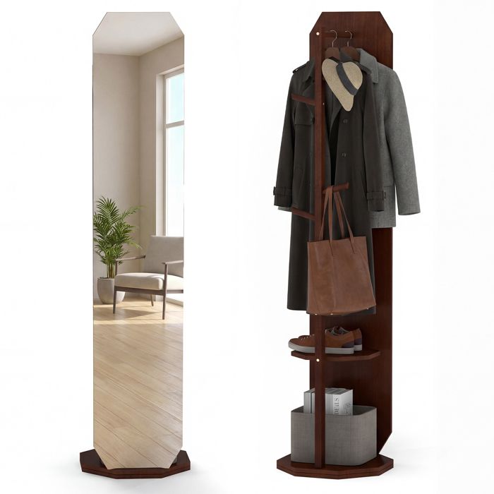COSTWAY 3 en 1 Armoire à Miroir sur Pied avec Porte-Manteau Base Pivotante à 360° 2 Étagères 1 Tringle à Vêtements 40 x 167 cm