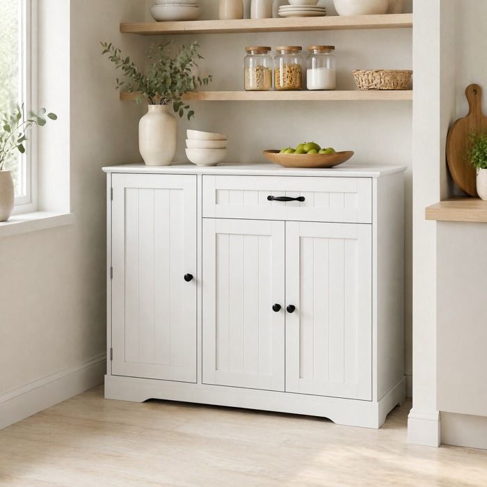 Buffet de cuisine 3 portes 1 tiroir meuble dentrée/ salon MDF poignées métal noir 107×40×84 cm blanc